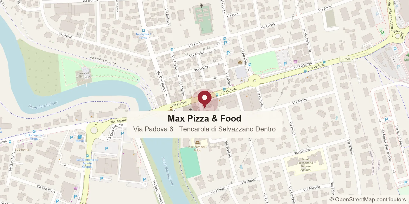 Mappa: Max Pizza & Food in Via Padova 6 a Tencarola di Selvazzano Dentro, vicino al fiume Bacchiglione